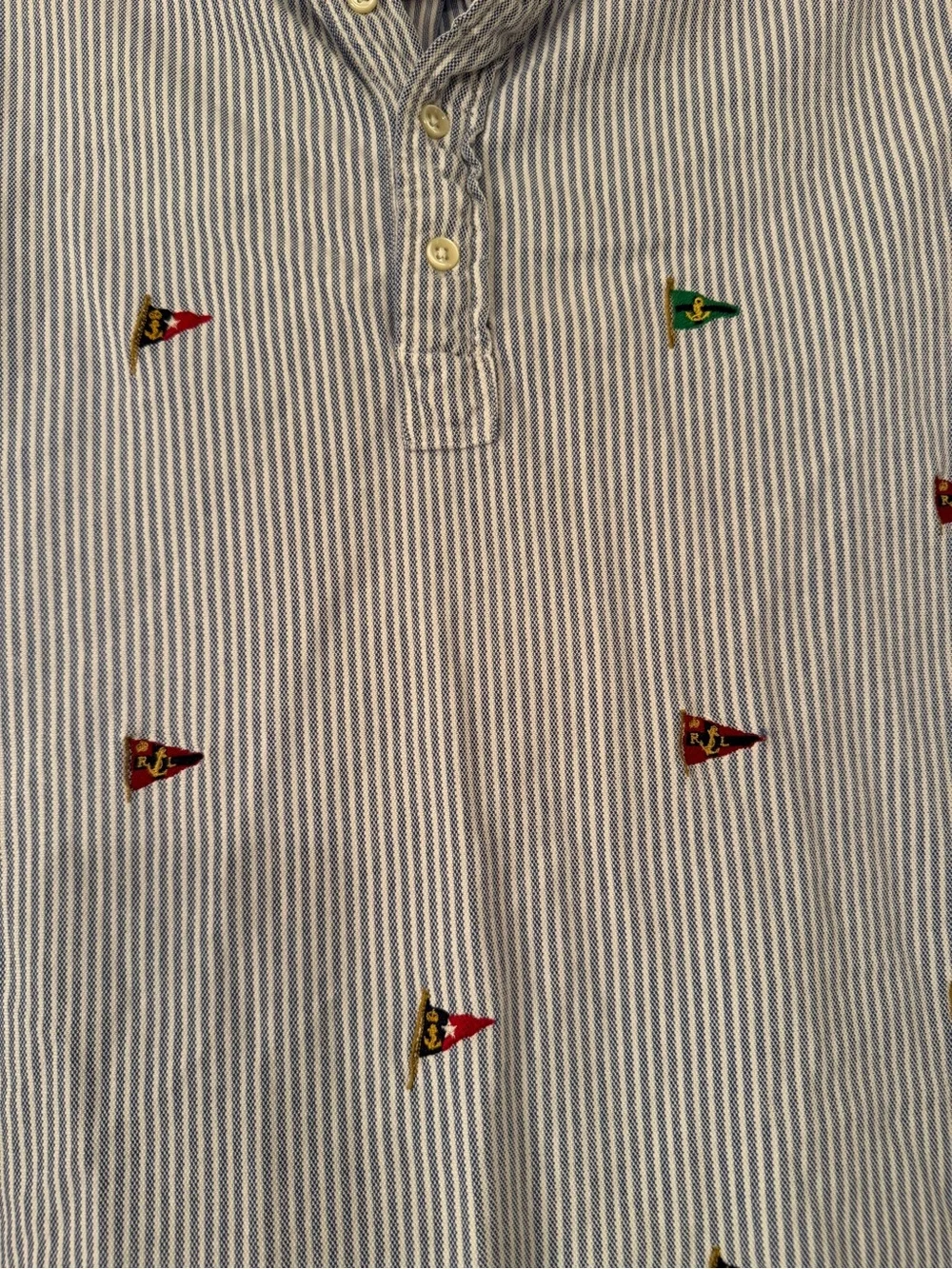 Ralph Lauren Blue and White Striped Short-Sleeve Polo with Embroidered Pennants
